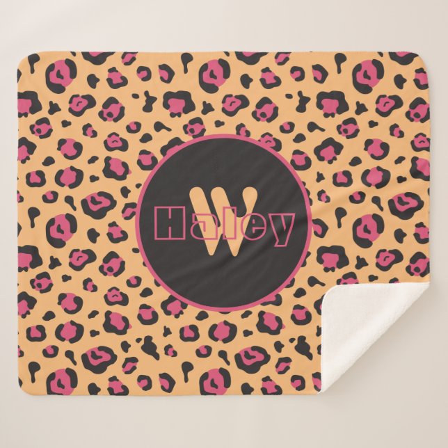 Manta Sherpa Monograma de impresión de leopardo negro rosado (Anverso (horizontal))