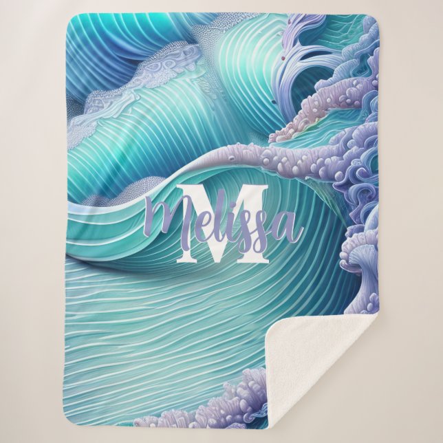 Manta Sherpa Monograma de las olas del mar Pastel (Anverso)