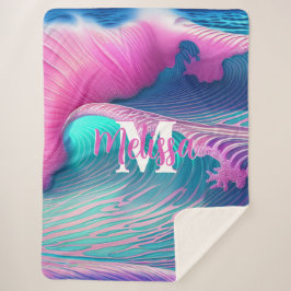 Manta Sherpa Monograma de las olas del océano azul y rosa