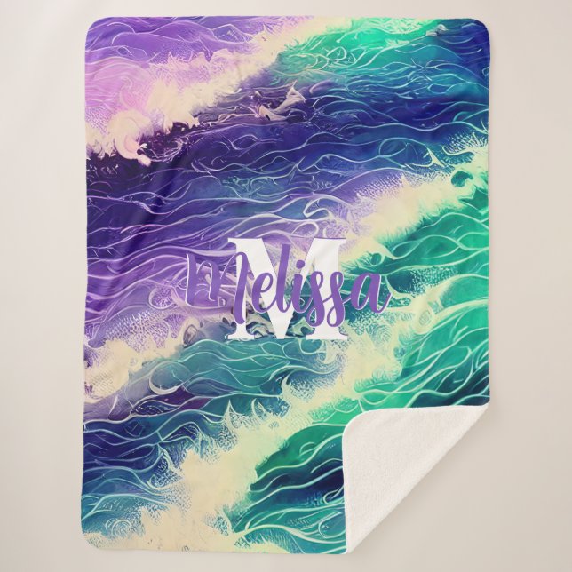 Manta Sherpa Monograma de las olas oceánicas de Pastel Hues (Anverso)