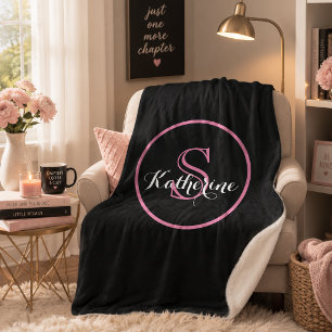 Manta Sherpa Monograma de nombre personalizado negro rosa