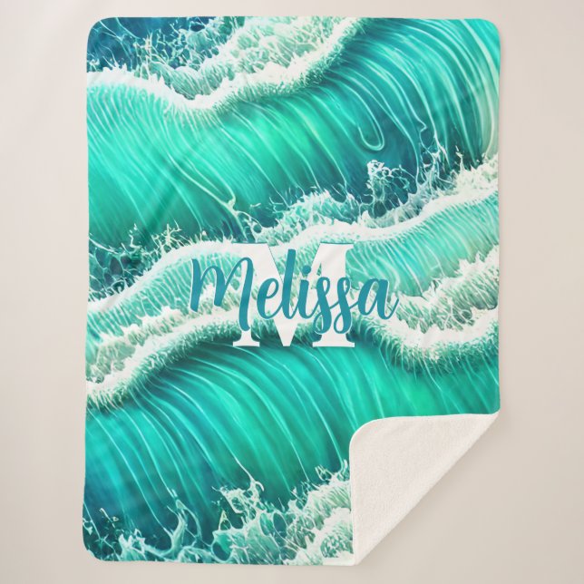 Manta Sherpa Monograma de ola de playa de Pastel (Anverso)