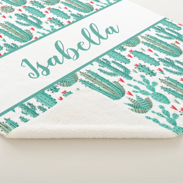 Manta Sherpa Monograma de patrón blanco verde cactus caprichoso (3/4)