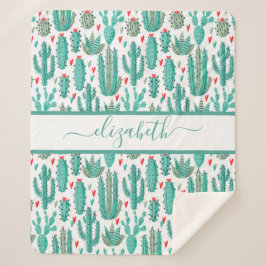 Manta Sherpa Monograma de patrón blanco verde de Cactus