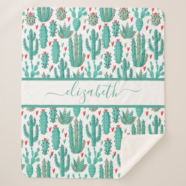Manta Sherpa Monograma de patrón blanco verde de Cactus (Anverso)