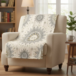 Manta Sherpa Monograma de Patrón de Mandala de Oro Gris