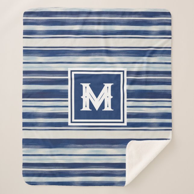 Manta Sherpa Monograma de rayas azules y blancas (Anverso)