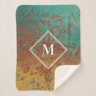 Manta Sherpa Monograma de textura metálica turquesa de cobre