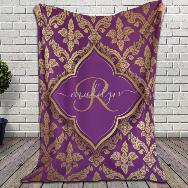 Manta Sherpa Monograma del patrón de Damasco Royal Purple Gold (Subido por el creador)