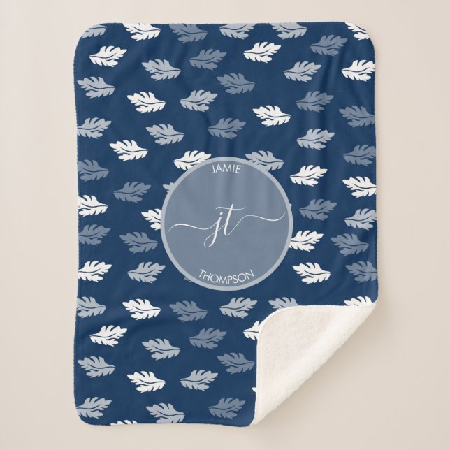 Manta Sherpa Monograma del patrón de hojas de antigüedades azul (Anverso)