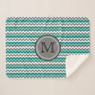 Manta Sherpa Monograma del zigzag de chevron turquesa y gris