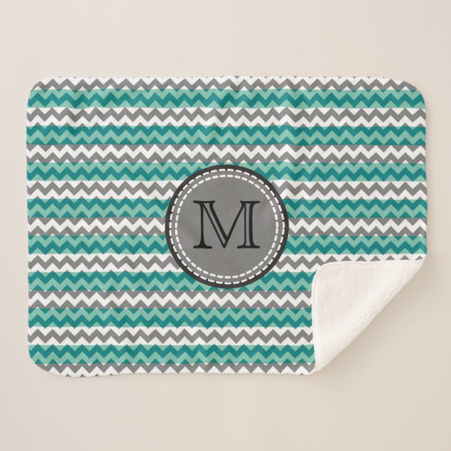 Manta Sherpa Monograma del zigzag de chevron turquesa y gris (Anverso (horizontal))