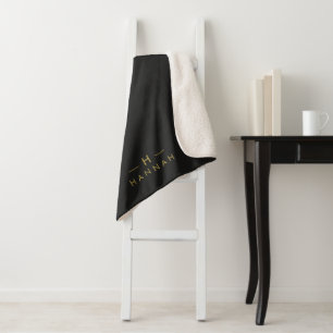 Manta Sherpa Monograma dorado negro   Elegante Minimalista mode