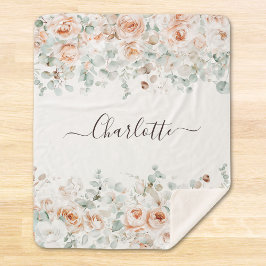 Manta Sherpa Monograma Elegante Floral de Rosas Rústicas Verdor