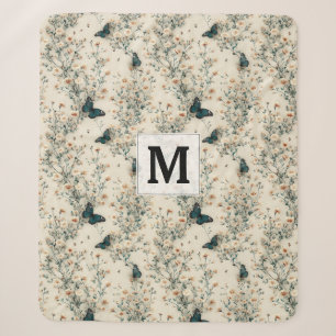 Manta Sherpa Monograma Floral de Mariposa Azul Vintage