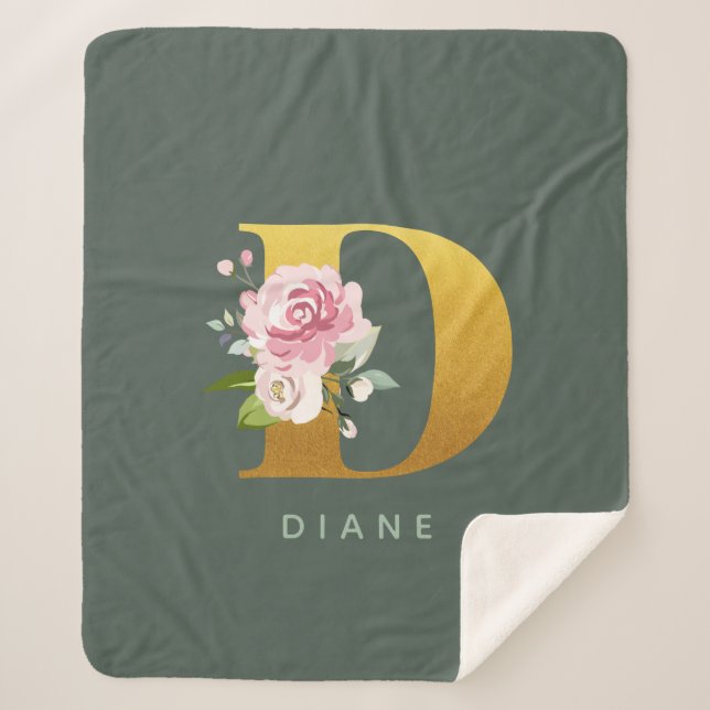 Manta Sherpa Monograma Floral Personalizada Faux Gold Letter D (Anverso)