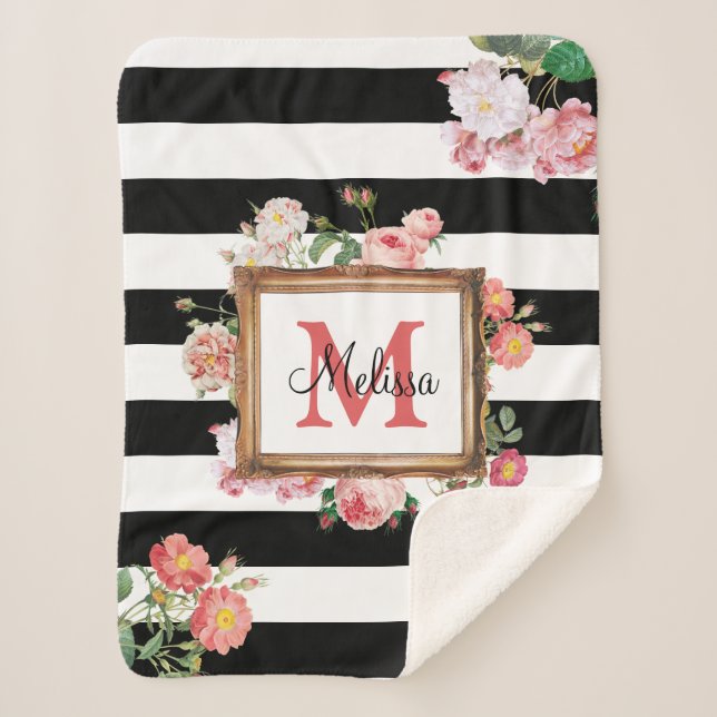 Manta Sherpa Monograma Floral y rayas antiguas de época (Anverso)