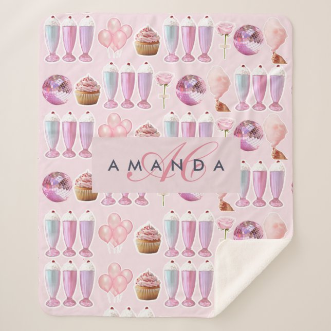Manta Sherpa Monograma Milkshake Cute Rubor Regalos Retro Rosa (Anverso)