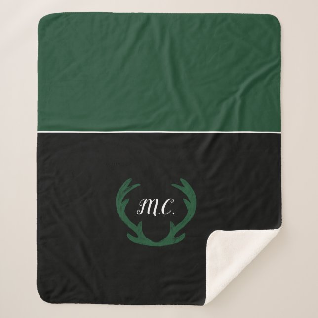 Manta Sherpa Monograma moderno de agentes de venado verde (Anverso)