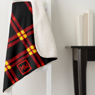 Manta Sherpa Monograma negrita, negro, rojo, amarillo gránulo
