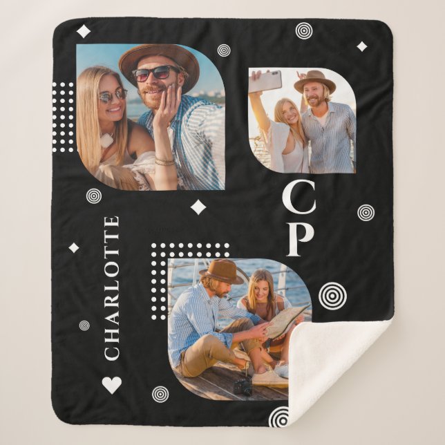 Manta Sherpa Monograma Nombre 3 Collage de fotos de moda (Anverso)