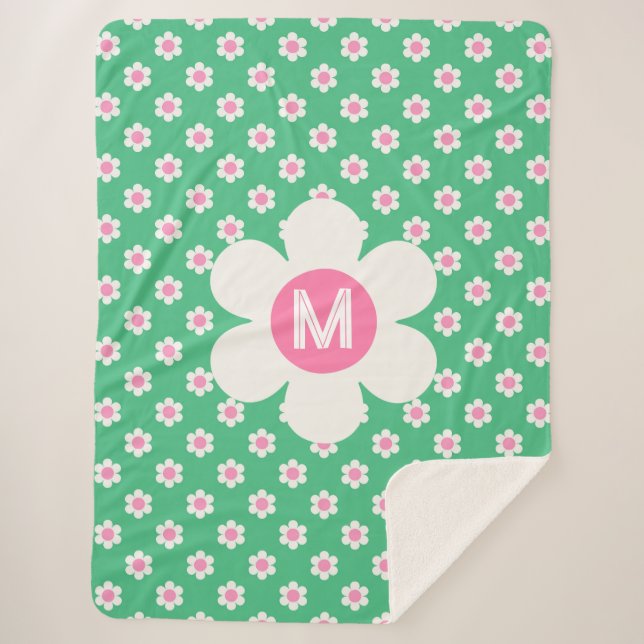 Manta Sherpa Monograma Personalizado Retro Daisies rosa y verde (Anverso)