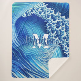 Manta Sherpa Monograma simple de ola oceánica azul
