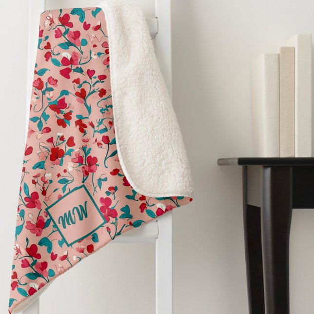 Manta Sherpa Monograma verde azulado y rosado floral de Coquett (Subido por el creador)