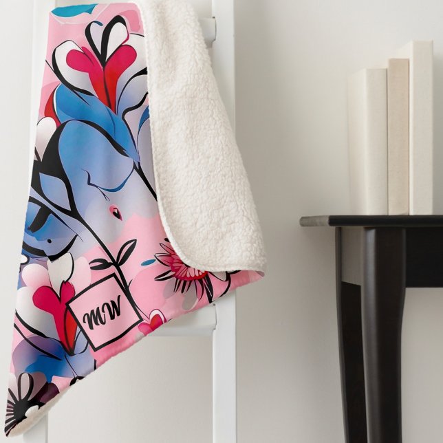 Manta Sherpa Monograma vibrante, floral y floral (Subido por el creador)