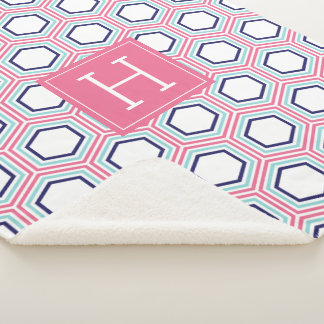 Manta Sherpa Monogramado de acua rosa y patrón azul