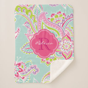 Manta Sherpa Monogramado de Pink and Mint Boho Paisley