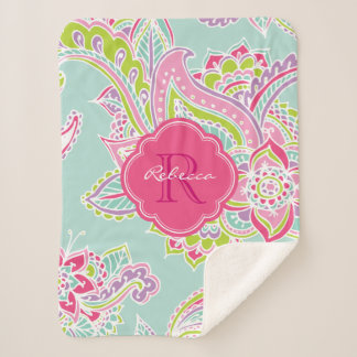 Manta Sherpa Monogramado de Pink and Mint Boho Paisley