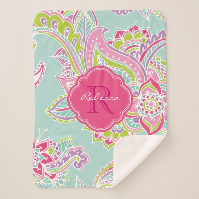 Manta Sherpa Monogramado de Pink and Mint Boho Paisley (Anverso)