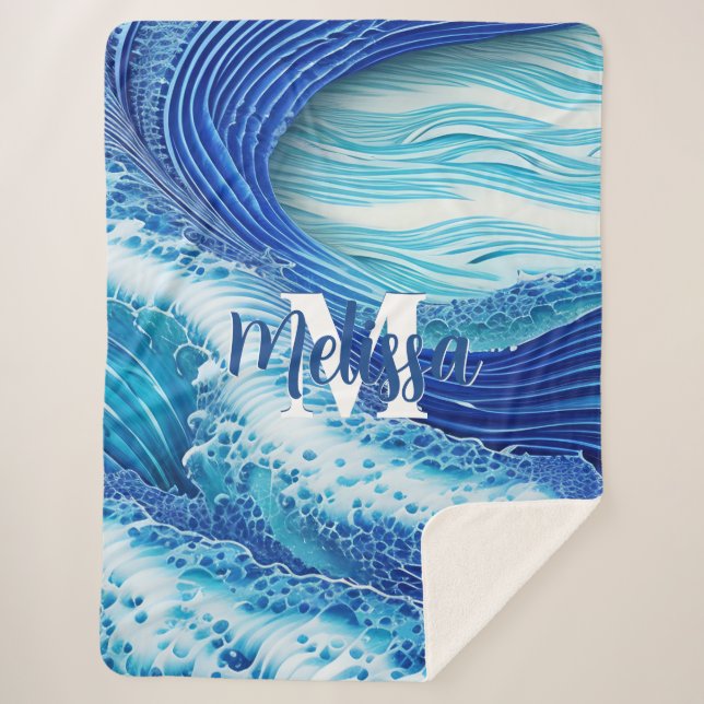 Manta Sherpa Monogramado El poder de las olas del océano (Anverso)