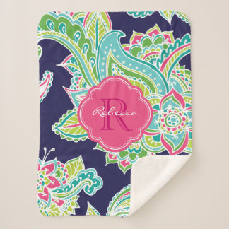 Manta Sherpa Monogramo de la Marina y el Boho Pink Paisley
