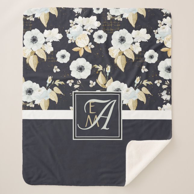 Manta Sherpa Monogramo Naval Azul Decoración Floral Blanco Anem (Anverso)