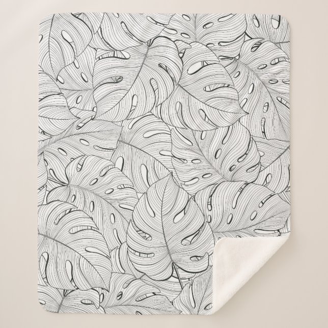 Manta Sherpa Monstera deja el patrón blanco negro (Anverso)