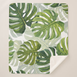 Manta Sherpa Monstera verde acuarela tropical