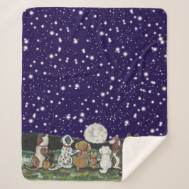 Manta Sherpa Moon Dogs Navy Blue Night Sky Puppy Dogs Stars