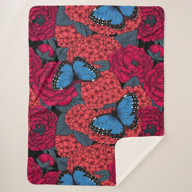 Manta Sherpa Morpho garden azul (Anverso)