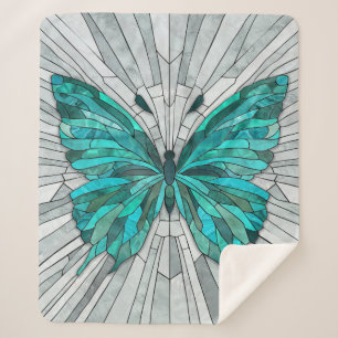 Manta Sherpa Mosaico de mariposa -verde esmeralda y gris