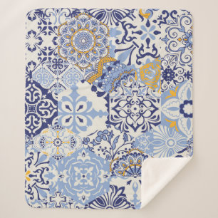 Manta Sherpa mosaicos de azulejos azules. Parche colorido y tra