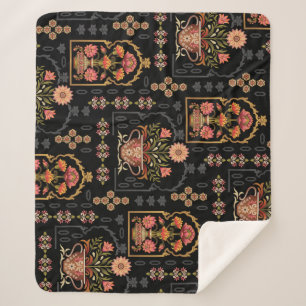 Manta Sherpa Motivo floral mogol: negro sin foco.