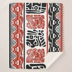 Manta Sherpa Motivos indios, rojo negro, patrón sin costuras.