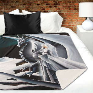 Manta Sherpa Mujer del Dragón Blanco Fantasía Auroras Boreales