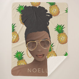 Manta Sherpa Mujer negra, tonos dorados, patrón de piña, beige