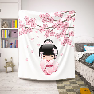 Manta Sherpa Muñeca Kokeshi Kimono Rosa