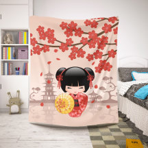 Muñeca Kokeshi Sakura Roja Geisha Lindo Beige