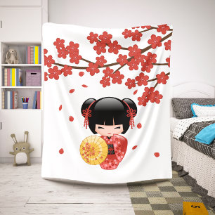 Manta Sherpa Muñeca Kokeshi Sakura Roja - Niña Geisha Adorable