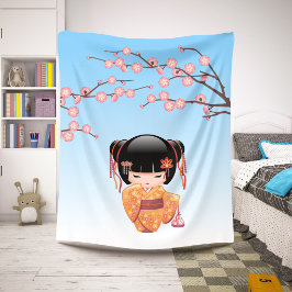 Manta Sherpa Muñeca Kokeshi Ume - Geisha Japonesa Azul